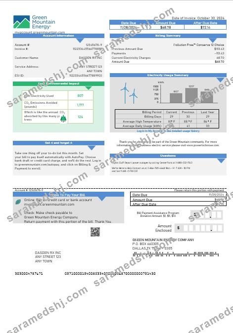 USA Green Mountain Energy business utility bill template in Word and PDF formats